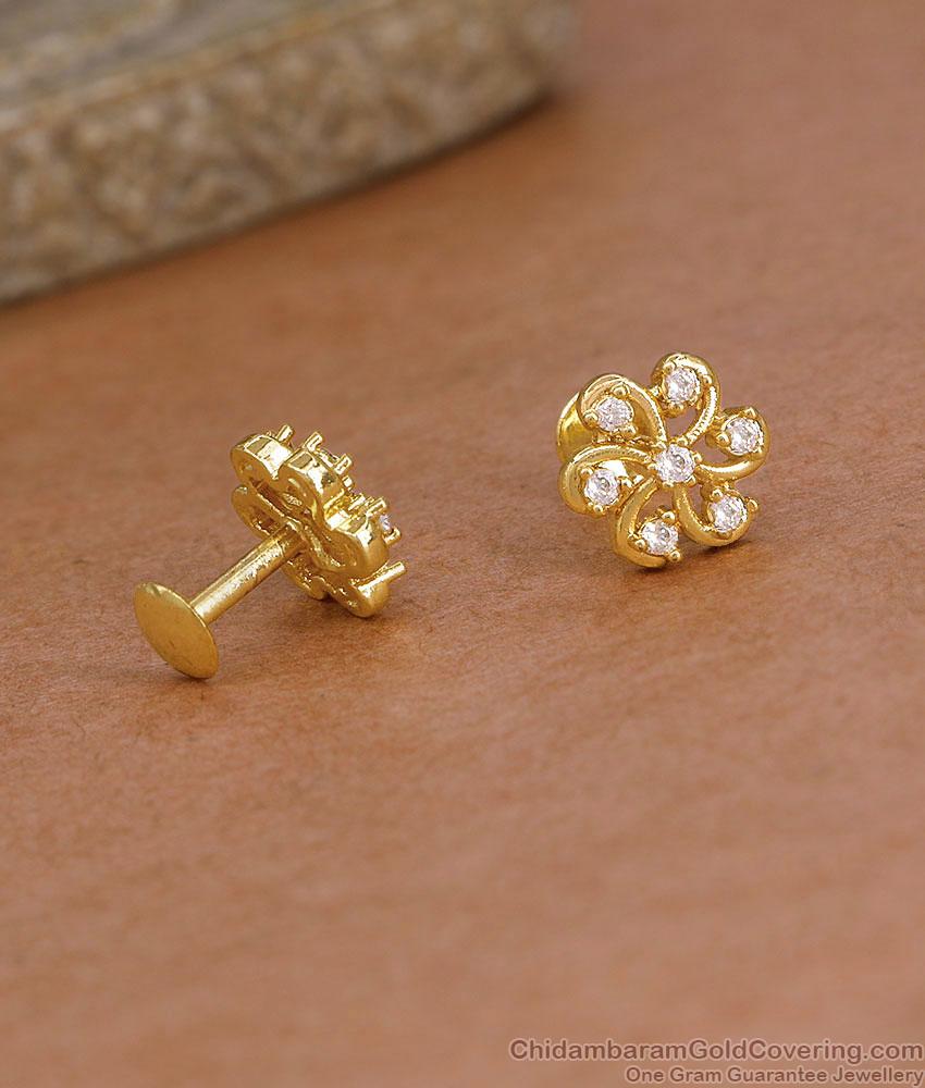 White Stone Screw Back Gold Stud Earring Floral Design ER5885 White Stone Screw Back Gold Stud Earring Floral Design ER5885