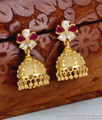 Glittering Ruby White Stone Gold Plated Jhumki For Brides ER5930