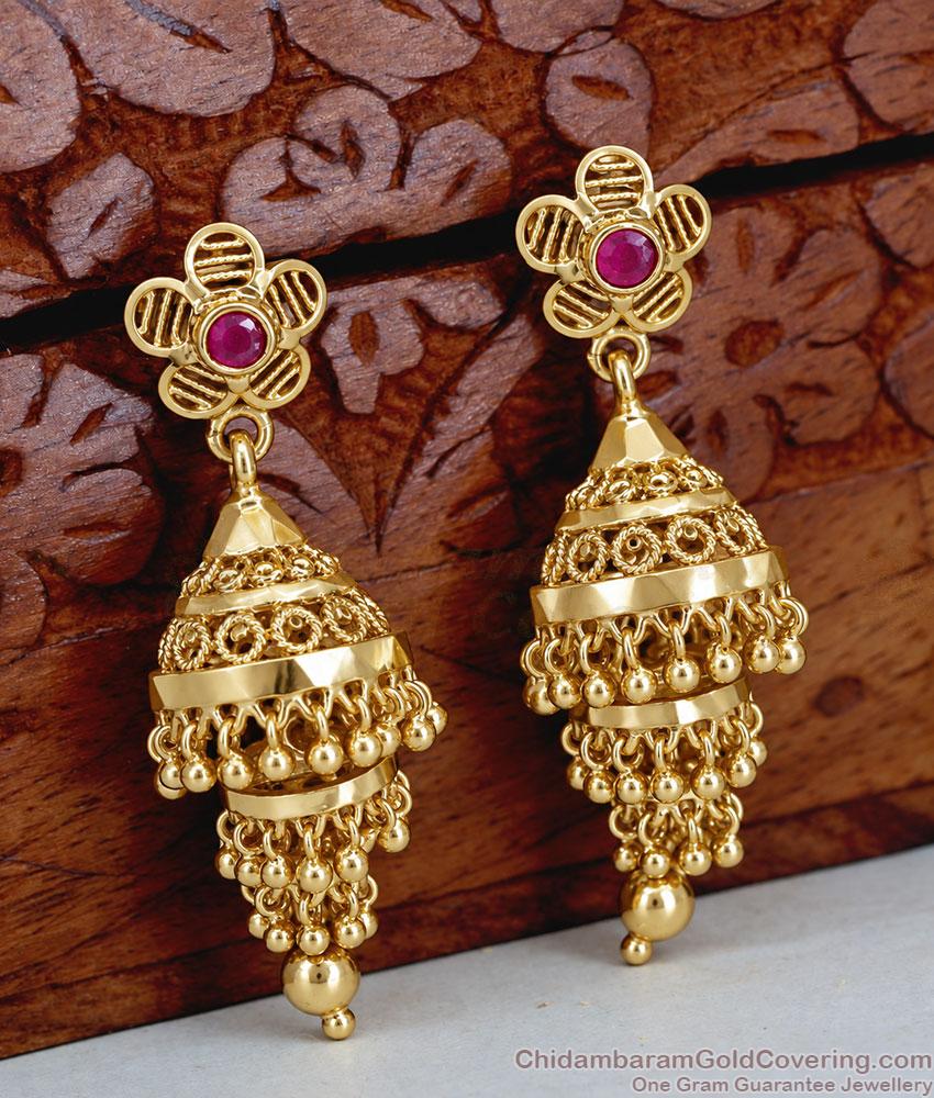 Beautiful Ruby Stone One Gram Gold Adukku Jhumki For Wedding ER5934