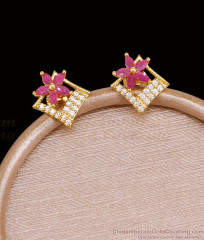 Geometric Floral Gold Ear Studs Ruby White Stone Design ER5946