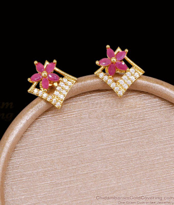 Geometric Floral Gold Ear Studs Ruby White Stone Design ER5946