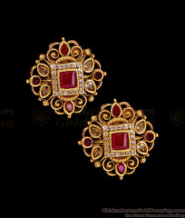 Glittering Ruby White Kemp Stone Antique Gold Stud Earring ER5976