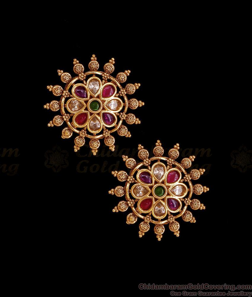 Trendy Navaratna Stone Antique Gold Earring Bridal Collections ER5980 Trendy Navaratna Stone Antique Gold Earring Bridal Collections ER5980