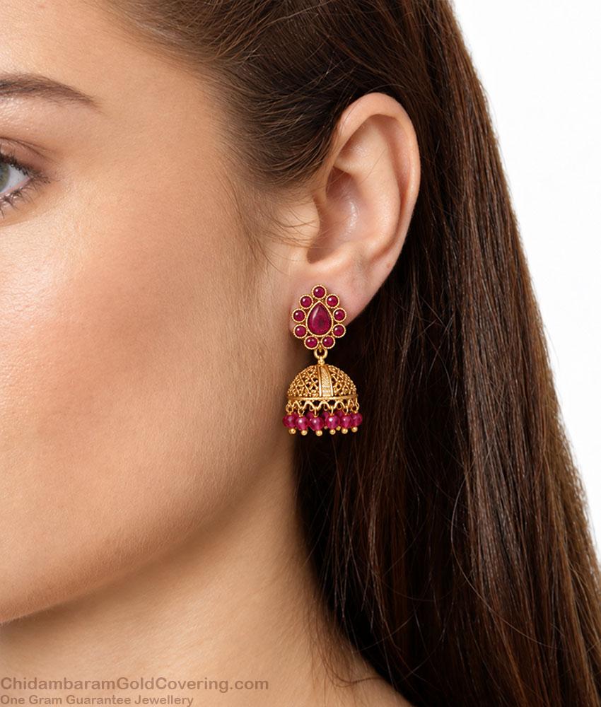 Glittering Ruby Stone Matt Finish Antique Gold Jhumki Earring ER5983 Glittering Ruby Stone Matt Finish Antique Gold Jhumki Earring ER5983