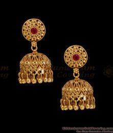 Single Ruby Stone Gold Jhumki Earring Antique Finish ER5985 Single Ruby Stone Gold Jhumki Earring Antique Finish ER5985