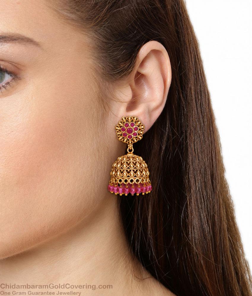 Grand Temple Wear Kemp Stone Antique Jhumki Earring ER5987 Grand Temple Wear Kemp Stone Antique Jhumki Earring ER5987
