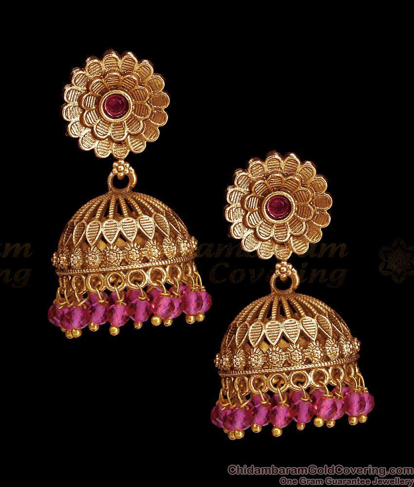 Elegant Antique Gold Jhumki Earring Hanging Ruby Beads Design ER5989