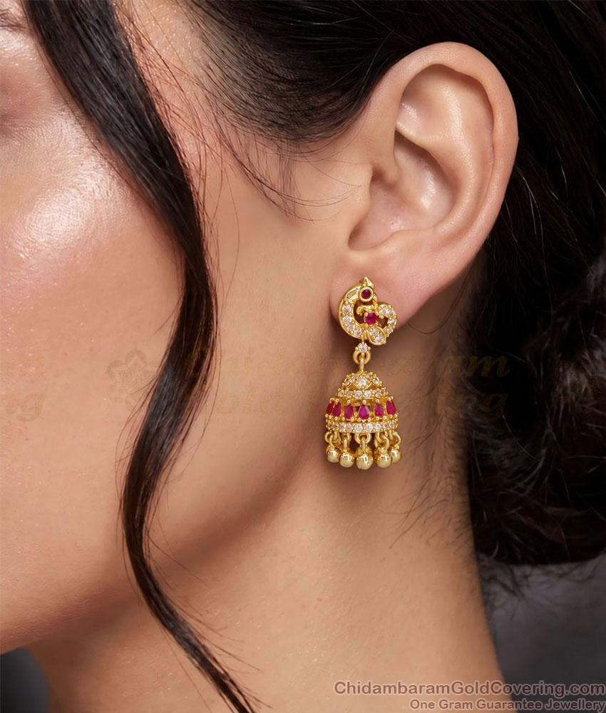 AD Stone Peacock Ruby One Gram Gold Jhumka Earrings ER6007 AD Stone Peacock Ruby One Gram Gold Jhumka Earrings ER6007