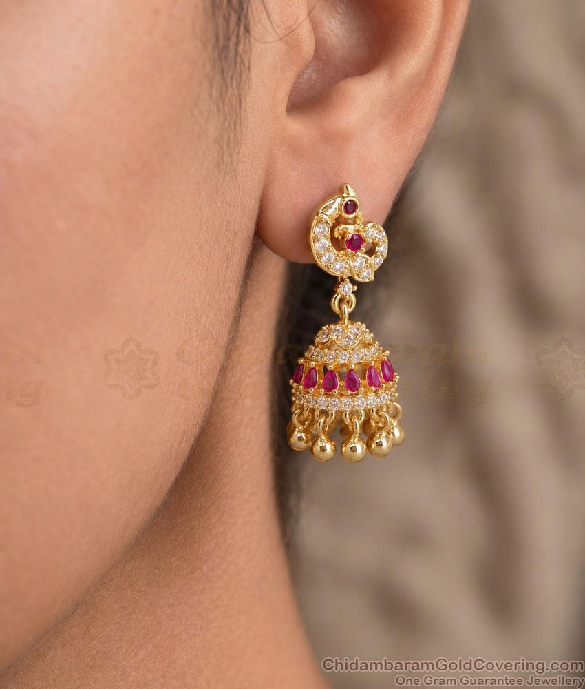 AD Stone Peacock Ruby One Gram Gold Jhumka Earrings ER6007 AD Stone Peacock Ruby One Gram Gold Jhumka Earrings ER6007