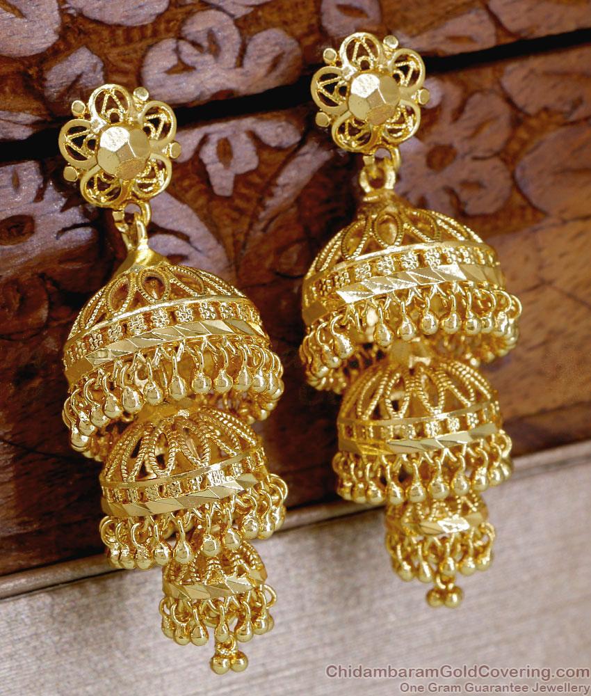 Big Cutwork 3 Layer Adukku Jhumka One Gram Gold ER6009 Big Cutwork 3 Layer Adukku Jhumka One Gram Gold ER6009