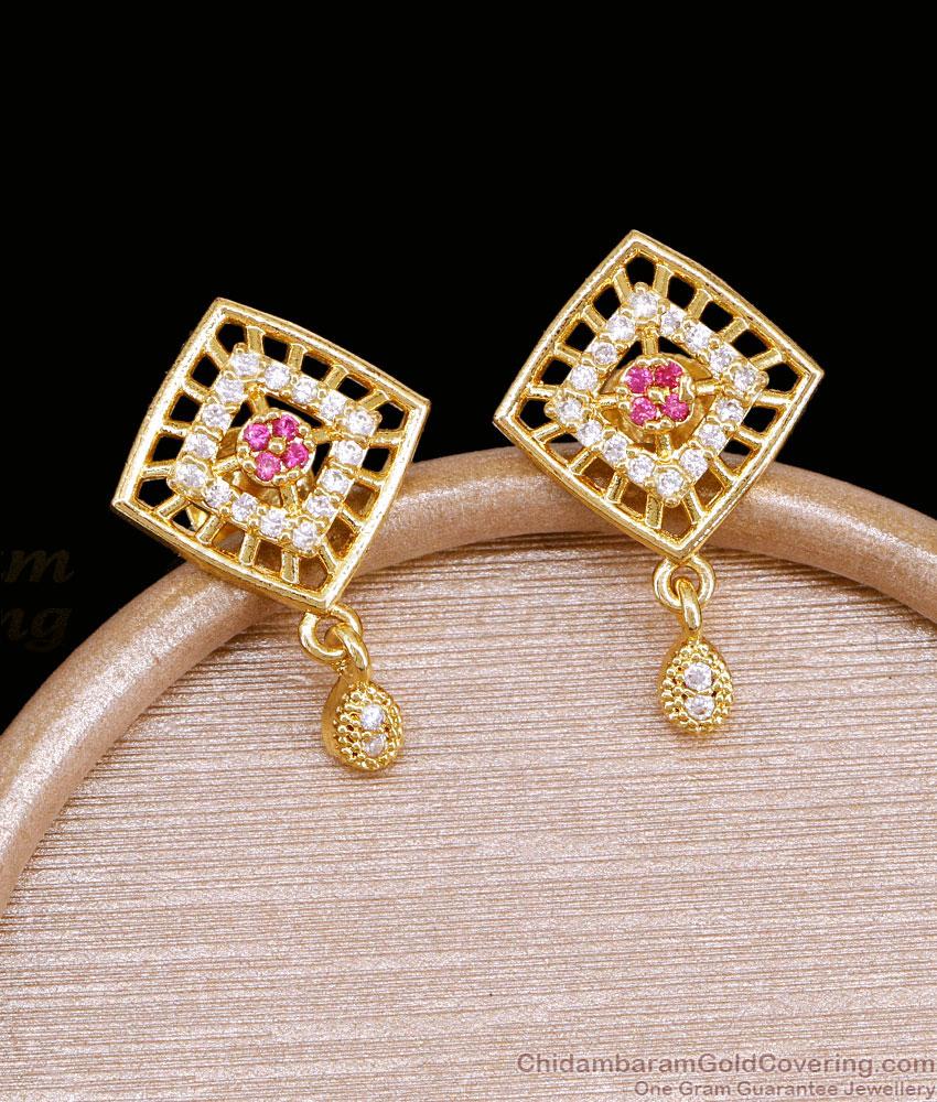 Ruby White Stone Square Lattice One Gram Gold Drop Earrings ER6012 Ruby White Stone Square Lattice One Gram Gold Drop Earrings ER6012