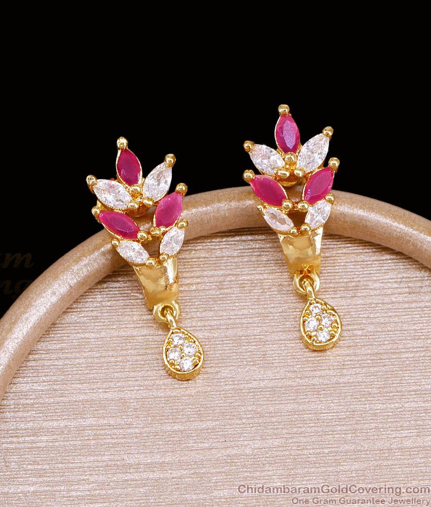 Ruby White Stone Leaf Design One Gram Gold Drop Earrings ER6015 Ruby White Stone Leaf Design One Gram Gold Drop Earrings ER6015
