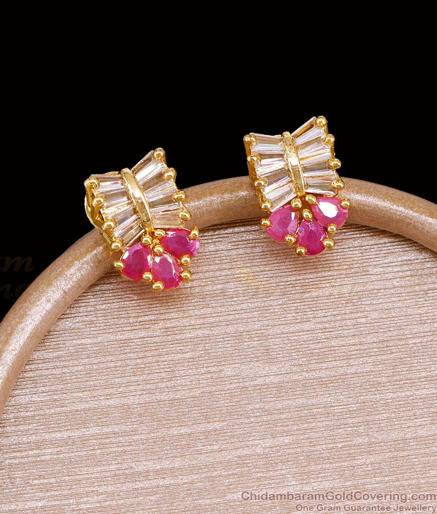 Ruby White Stone Bow Cluster One Gram Gold Tops ER6020 Ruby White Stone Bow Cluster One Gram Gold Tops ER6020