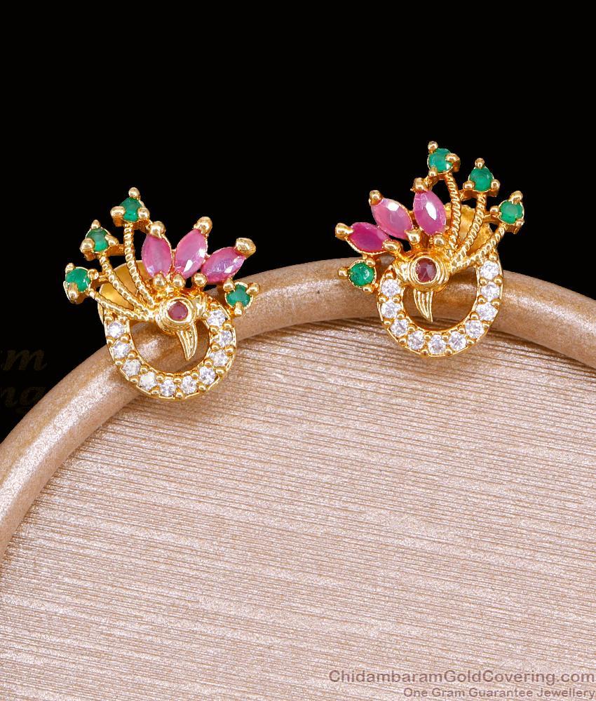 Peacock Ruby Green Stone One Gram Gold Stud Earrings ER6022 Peacock Ruby Green Stone One Gram Gold Stud Earrings ER6022
