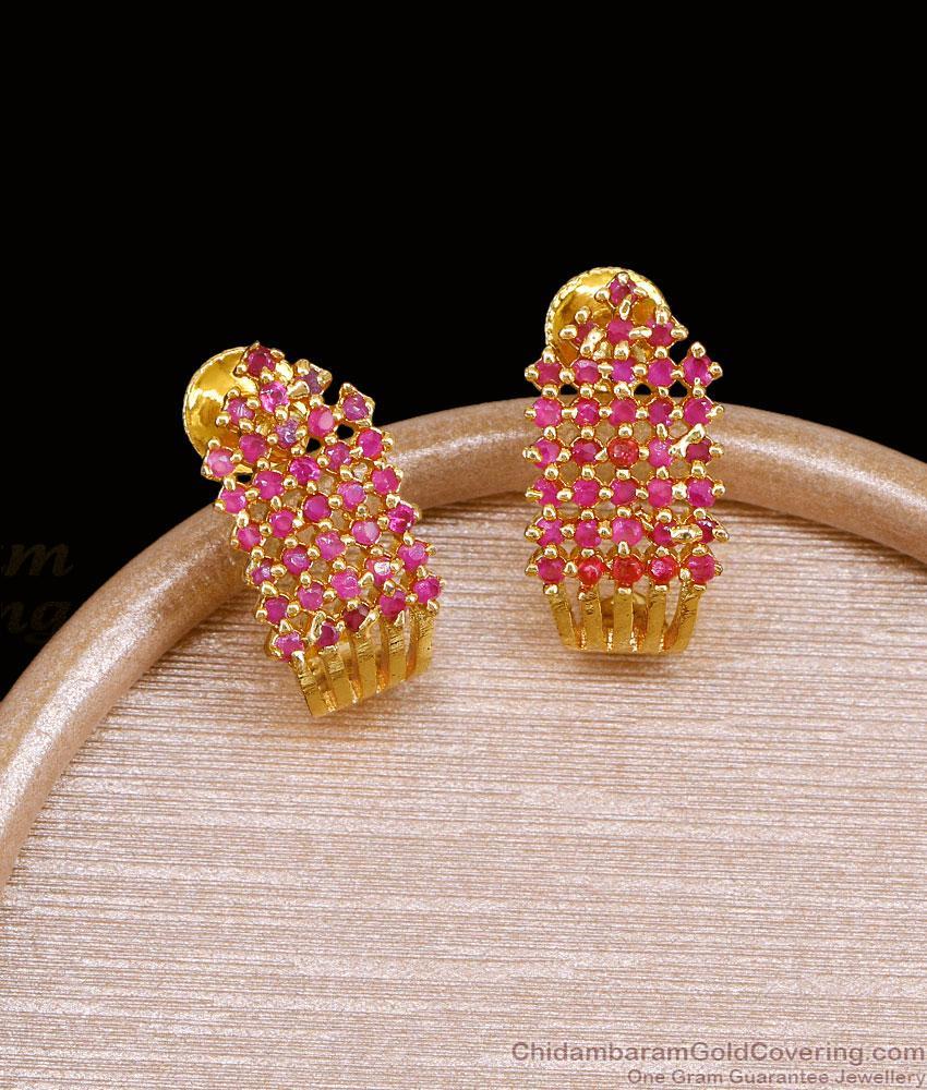 Full Ruby Stone J Hoop One Gram Gold Earrings ER6023 Full Ruby Stone J Hoop One Gram Gold Earrings ER6023