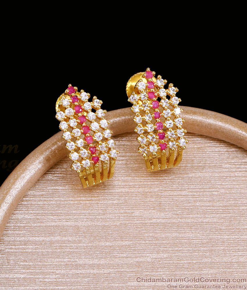 White Stone J Hoop With Ruby Line One Gram Gold Earrings ER6024 White Stone J Hoop With Ruby Line One Gram Gold Earrings ER6024