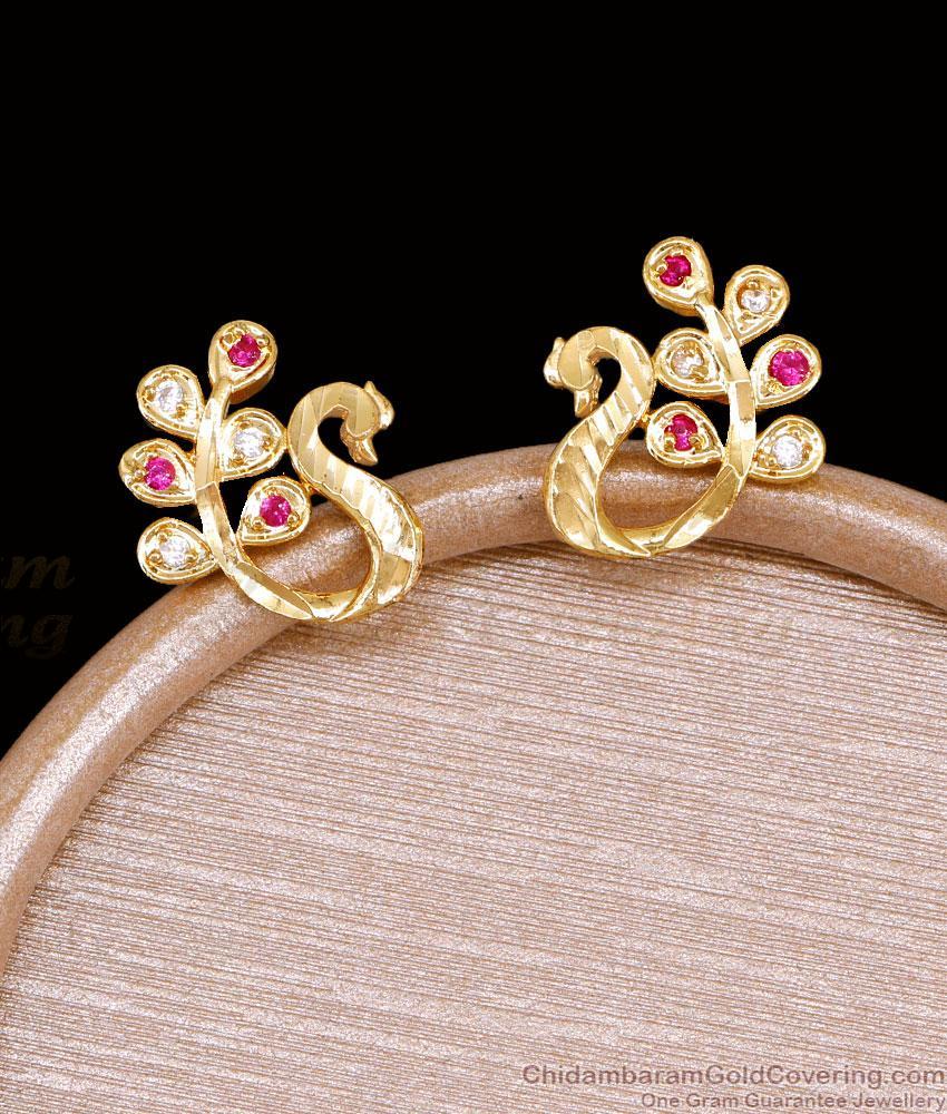 Peacock Ruby White Stone One Gram Gold Stud Earrings ER6026 Peacock Ruby White Stone One Gram Gold Stud Earrings ER6026