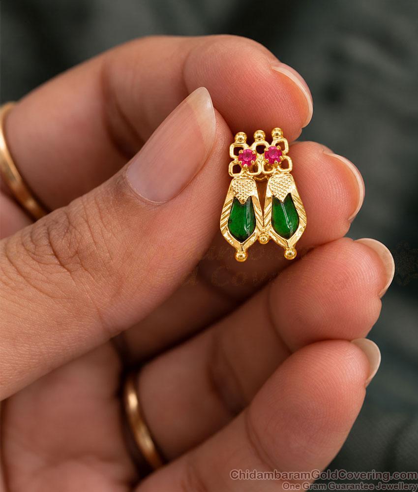 Kerala Twin Green Palakka One Gram Gold Stud Nagapadam Earrings ER6028 Kerala Twin Green Palakka One Gram Gold Stud Nagapadam Earrings ER6028