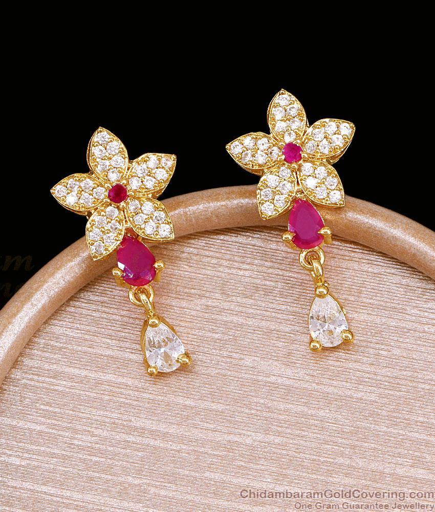 Flower White Stone Ruby Drop One Gram Gold Earrings ER6032 Flower White Stone Ruby Drop One Gram Gold Earrings ER6032