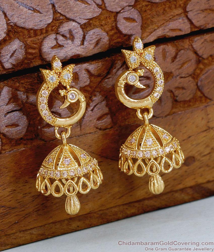 Peacock White Stone One Gram Gold Jhumka Earrings ER6035