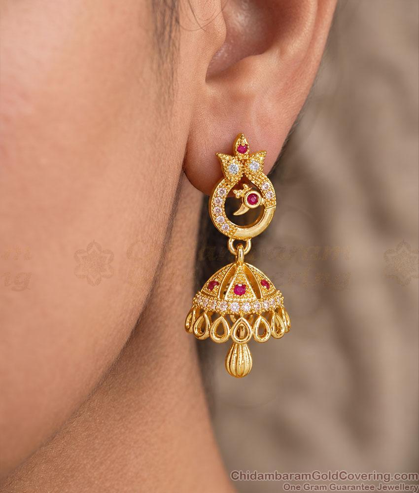 Peacock Ruby White Stone One Gram Gold Jhumka Earrings ER6036
