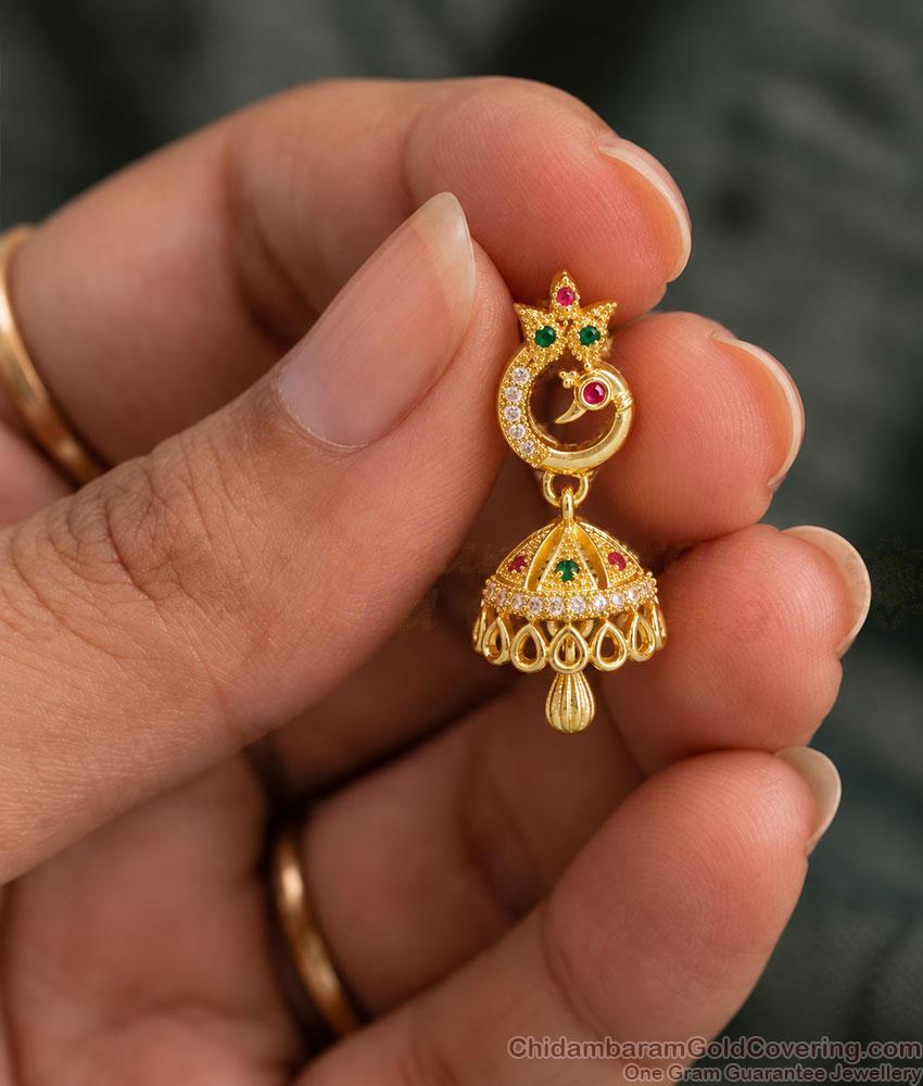 Peacock Multi Stone One Gram Gold Jhumka Earrings ER6037 Peacock Multi Stone One Gram Gold Jhumka Earrings ER6037