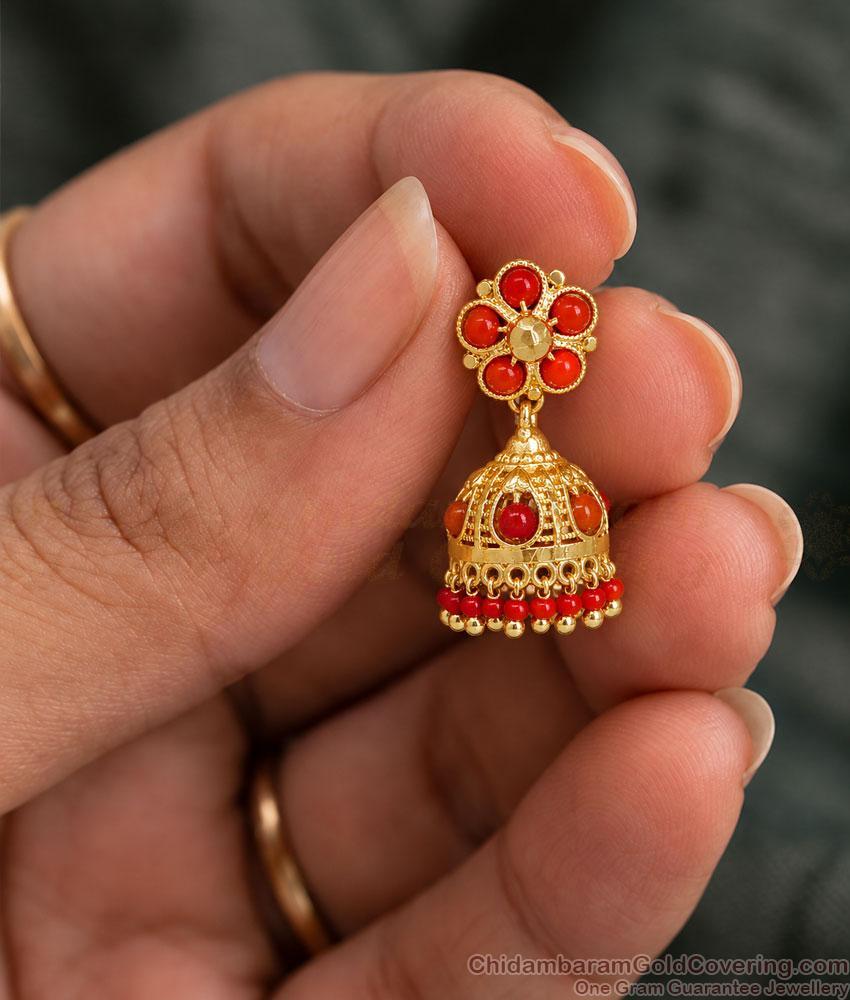 Red Coral Flower One Gram Gold Jhumka Earrings ER6038 Red Coral Flower One Gram Gold Jhumka Earrings ER6038