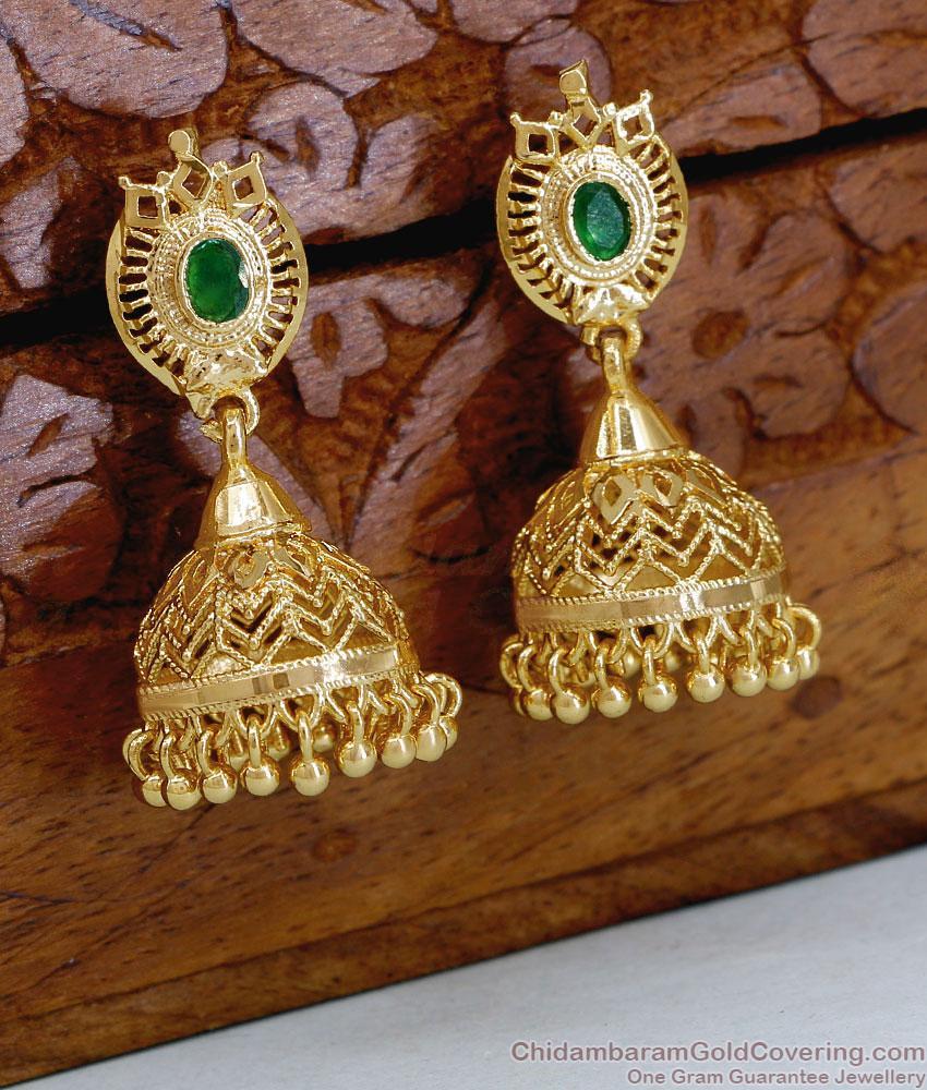 Single Green Stone One Gram Gold Jhumka Earrings ER6039
