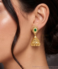 Single Green Stone One Gram Gold Jhumka Earrings ER6039 Single Green Stone One Gram Gold Jhumka Earrings ER6039