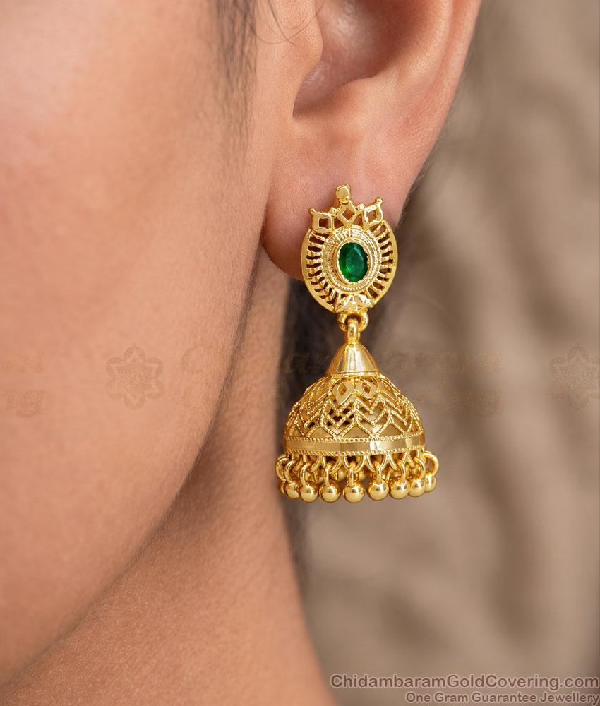 Single Green Stone One Gram Gold Jhumka Earrings ER6039
