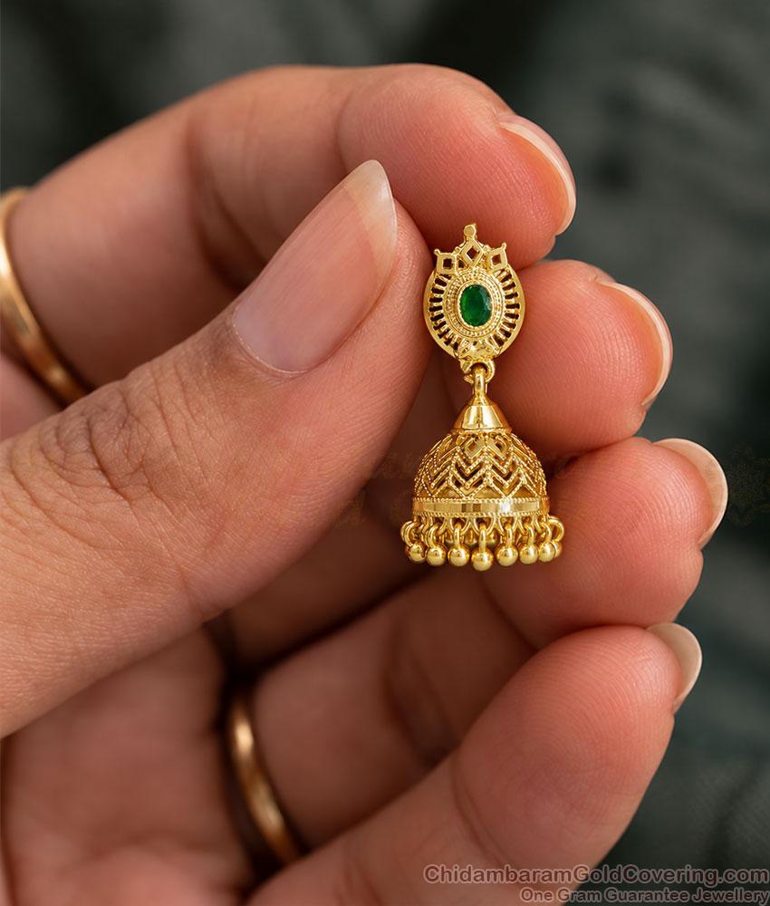 Single Green Stone One Gram Gold Jhumka Earrings ER6039