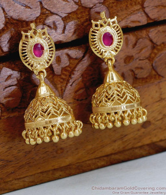 Single Ruby Stone One Gram Gold Jhumka Earrings ER6040
