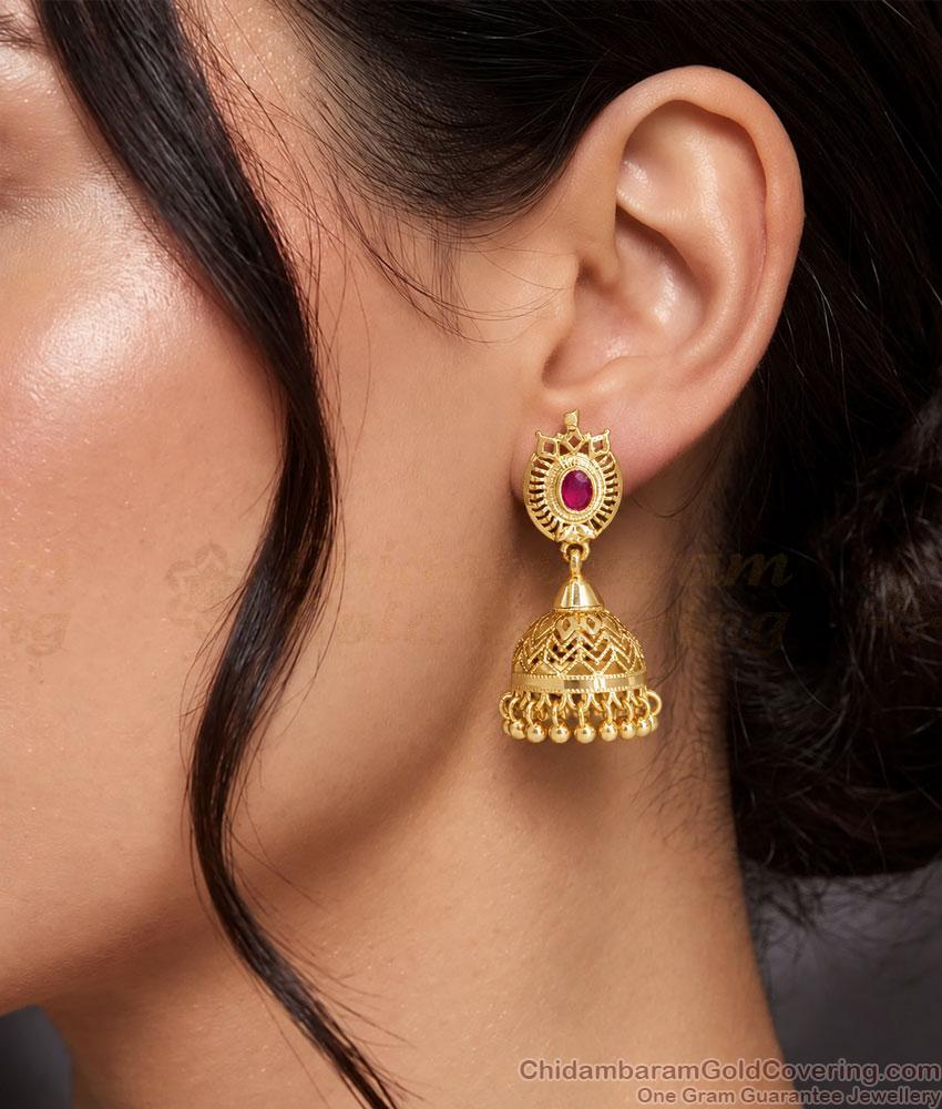 Single Ruby Stone One Gram Gold Jhumka Earrings ER6040 Single Ruby Stone One Gram Gold Jhumka Earrings ER6040