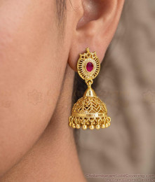 Single Ruby Stone One Gram Gold Jhumka Earrings ER6040 Single Ruby Stone One Gram Gold Jhumka Earrings ER6040