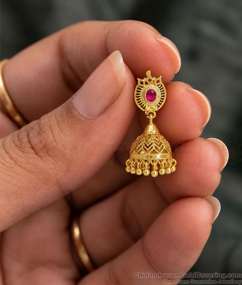 Single Ruby Stone One Gram Gold Jhumka Earrings ER6040 Single Ruby Stone One Gram Gold Jhumka Earrings ER6040