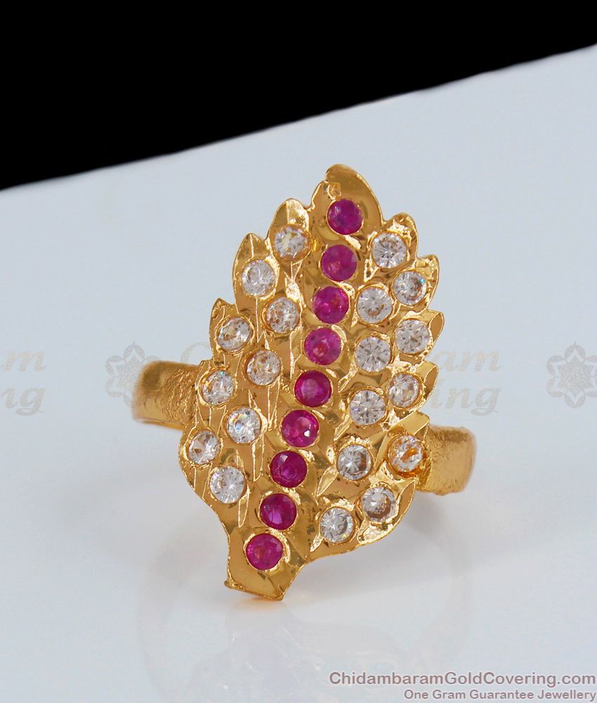 Original Impon Finger Rings Leaf Pattern Ruby White Stone Imitation Jewelry FR1110