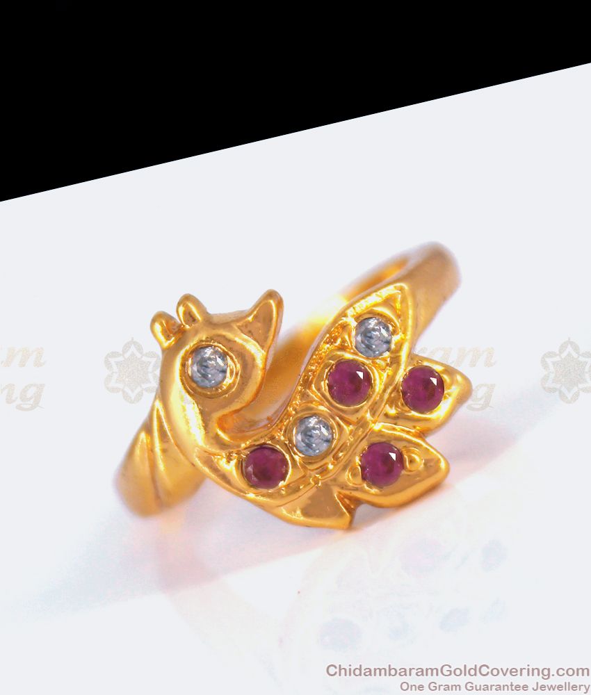 Peacock Design Ruby White Stone Impon Gold Ring FR1218