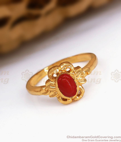 Triangular Red Coral Gold Ring (Design AC12) | GemPundit