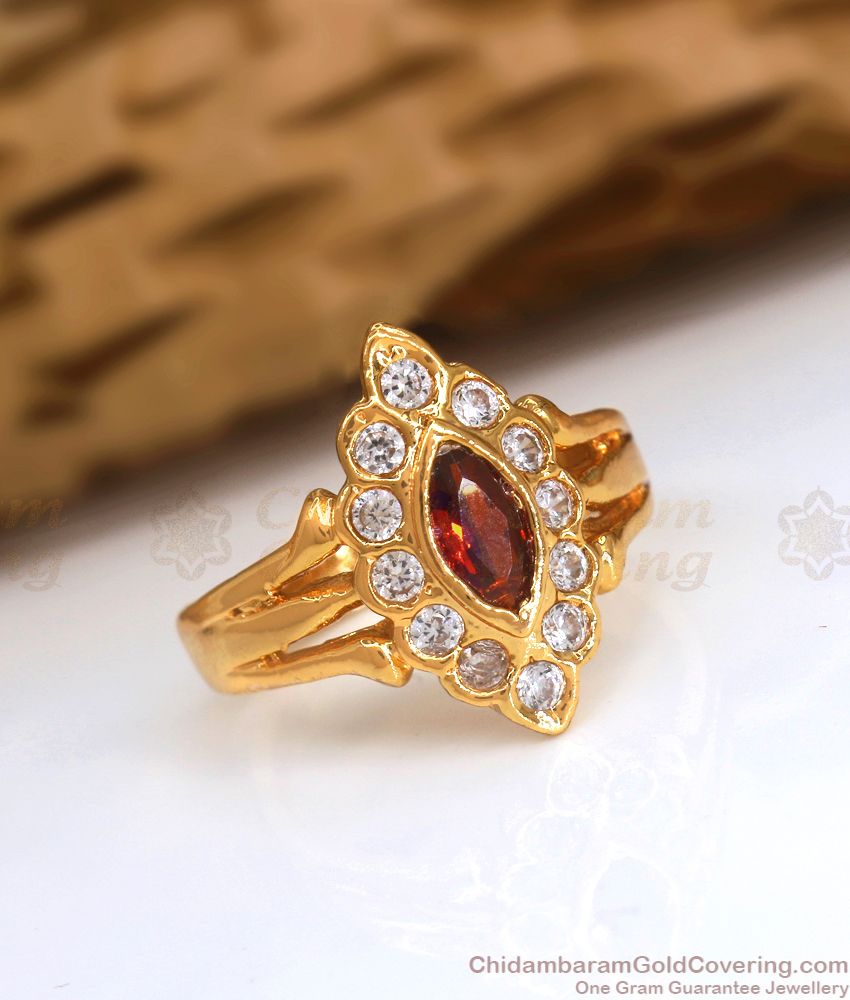 Ruby red stone ring with cz and platinum finish -