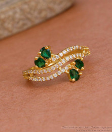 Stylish Emerald Stone Gold Plated Diamond Ring For Wedding FR1616