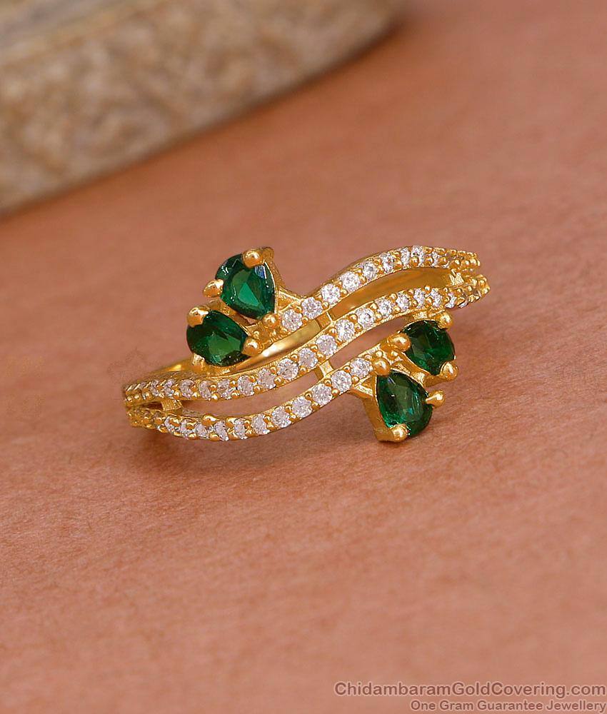 Stylish Emerald Stone Gold Plated Diamond Ring For Wedding FR1616
