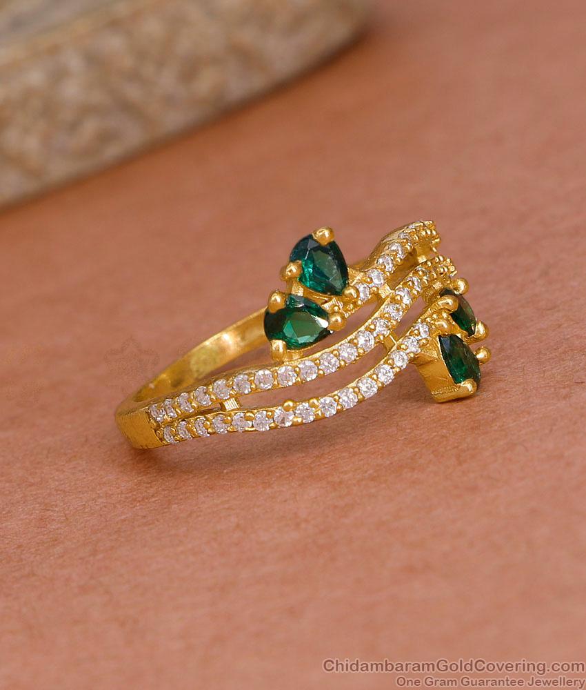 Stylish Emerald Stone Gold Plated Diamond Ring For Wedding FR1616