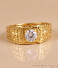 Traditional Grid Texture Four Prong White Gemstone Mens Ring FR1771