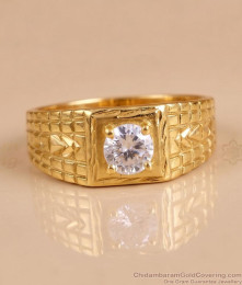 Traditional Grid Texture Four Prong White Gemstone Mens Ring FR1771