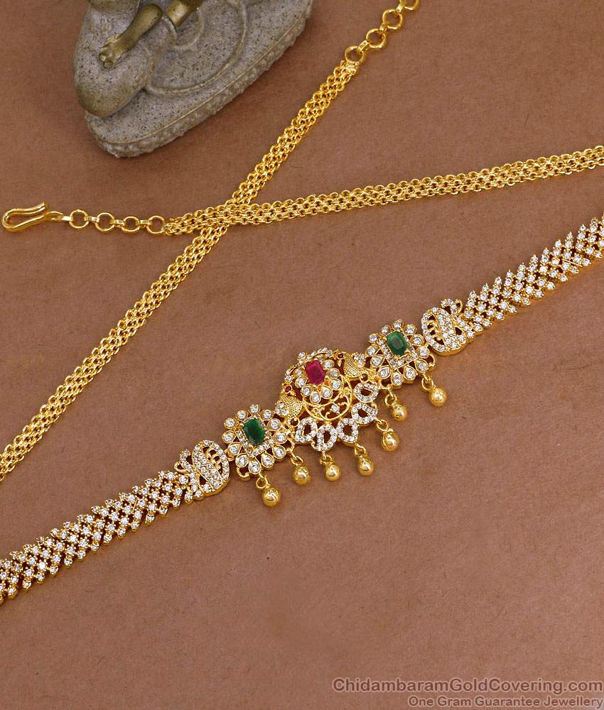 Stylish Artificial Diamond Studded Gold Plated Oddiyanam Bridal Jewelry Collections HC1044