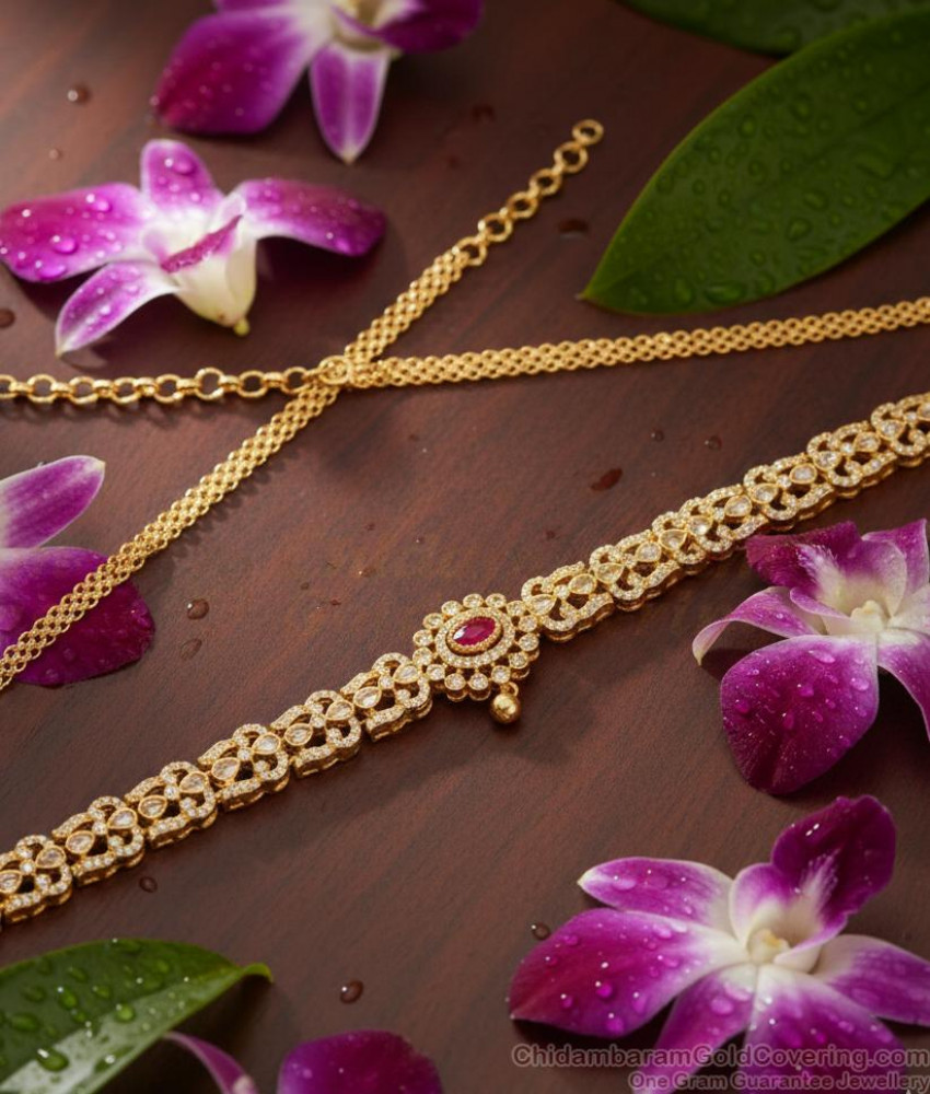 Stylish Ruby White AD Stone Vaddanam Bridal Wear Gold Plated Hip Chain HC1046