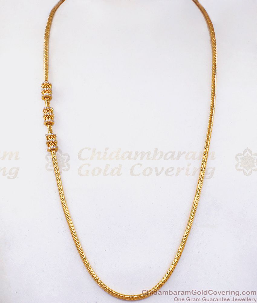 24 Inch Gold Mugappu Chain Triple Layer White Stone MCH1048