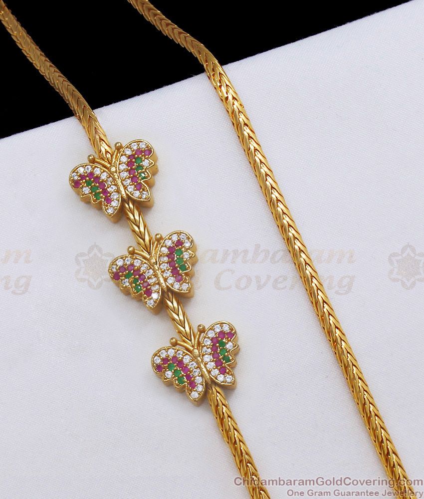 Stunning Multi Stone Gold Mugappu Chain Triple Butterfly Design MCH1101