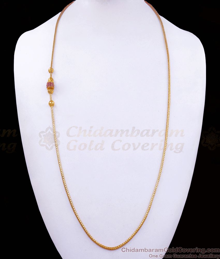 30 Inch Long Stylish Ruby Stone Gold Plated Mugappu Chain MCH1150-LG