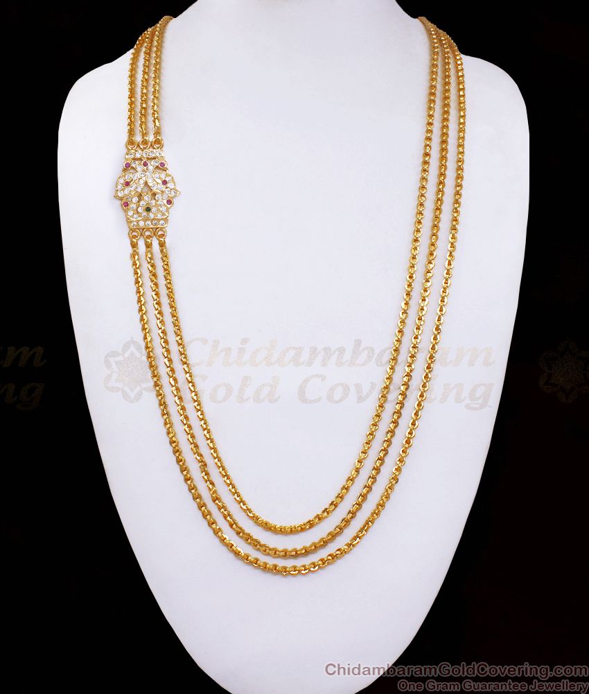 Latest Impon Three Line Mugappu Peacock Pendant Gold Chain Shop Online MCH1165